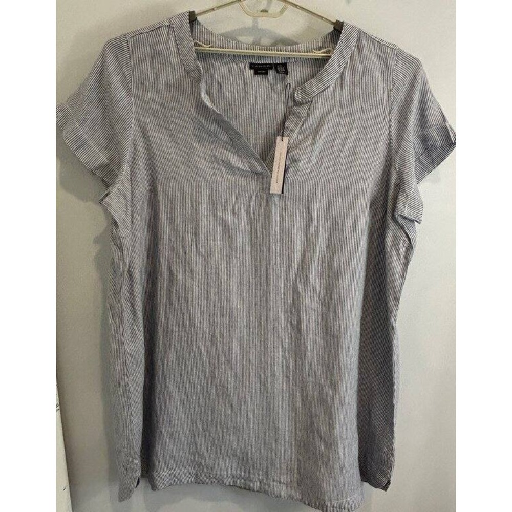 Tahari 100% Linen Blue White Stripe Notch Neck Short Sleeve Dress Knee Length 3X